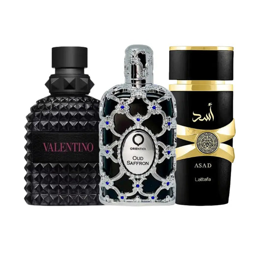 KIT DE 3 PERFUMES PREMIUM (ASAD + BORN IN ROMA + OUD SAFFRON) + CREMA 200 ML