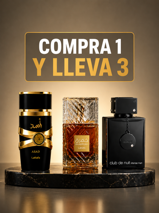 KIT DE 3 PERFUMES ÁRABES (ASAD + KHAMRAH + CLUB DE NUIT) + REGALO PERFUMERO