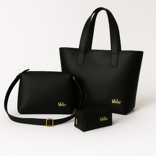 Trio Vélez | Bolso + Carriel + Cosmetiquera de Cuero Premium