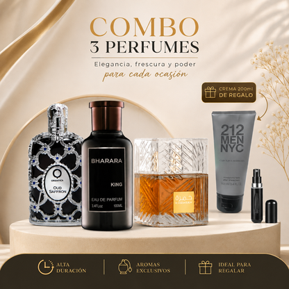 KIT DE 3 PERFUMES (ORIENTICA OUD SAFRON, KHMRAH, BHARARA KING, MAS UNA CREMA) + PERFUMERO