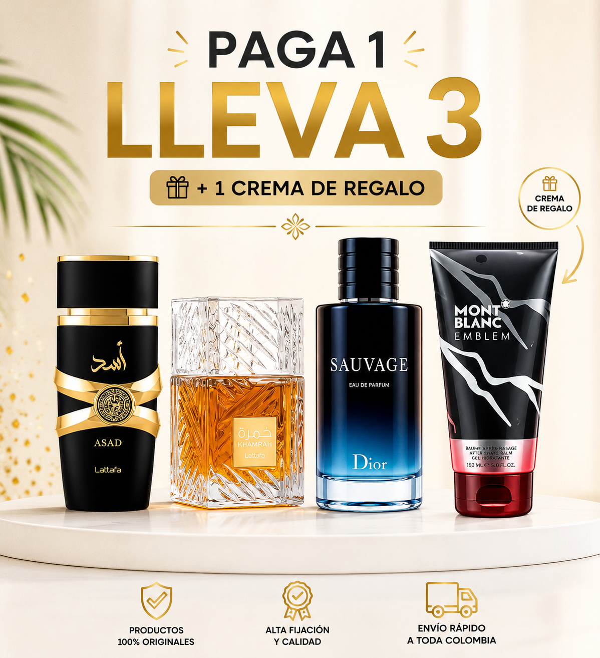 KIT DE 3 PERFUMES ÁRABES (ASAD+KHAMRAH+SAUVAGE) + REGALO UNA CREMA PERFUMADA DE 200 ML