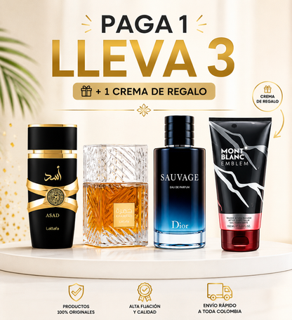 KIT DE 3 PERFUMES ÁRABES (ASAD+KHAMRAH+SAUVAGE) + REGALO UNA CREMA PERFUMADA DE 200 ML