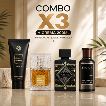 KIT DE 3 PERFUMES (OUD FOR GLORY, BHARARA KING, KHAMRA) + CREMA 200 ML
