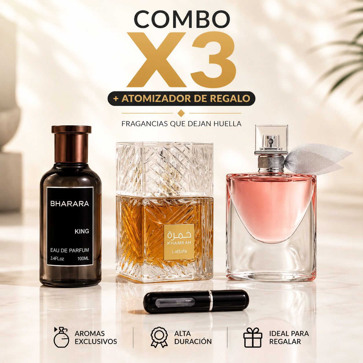 KIT DE 3 PERFUMES (BHARARA KING, LA VIE EST BELLE, KHAMRAH) + PERFUMERO