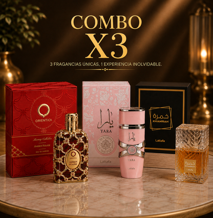 KIT DE 3 PERFUMES (YARA, AMBER ROUGE, KHAMRAH) + PERFUMERO