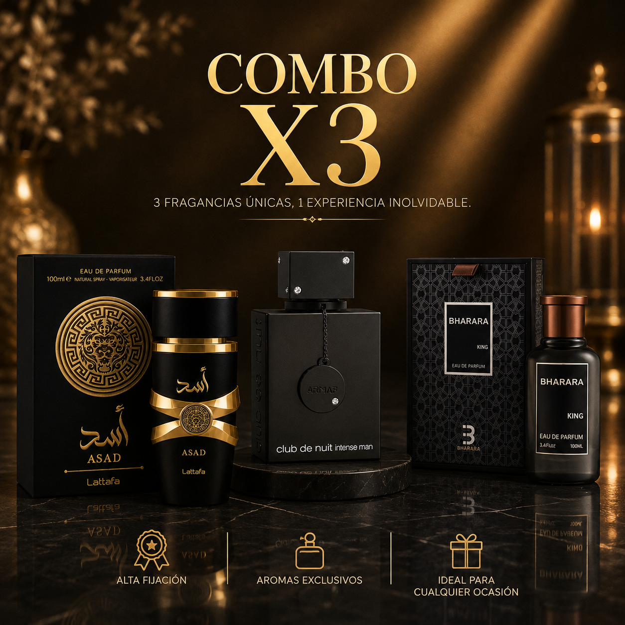 KIT DE 3 PERFUMES (BHARARA KING, ASAD, CLUB DE NUIT) + PERFUMERO