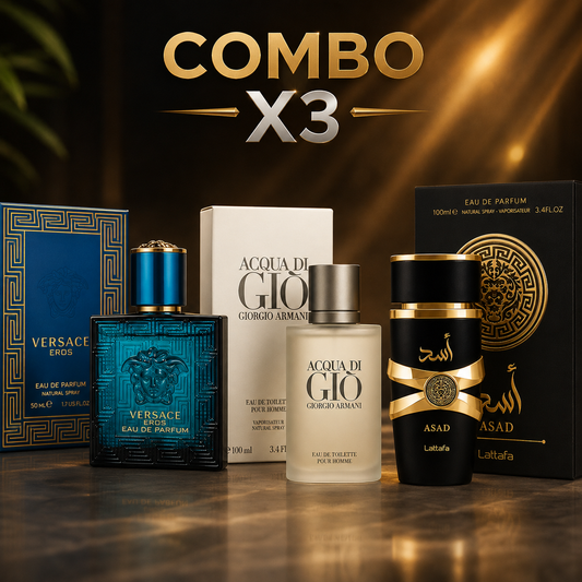Kit x3 Perfumes Caballero + Perfumero Recargable (Eros · Acqua di Gio · Asad)