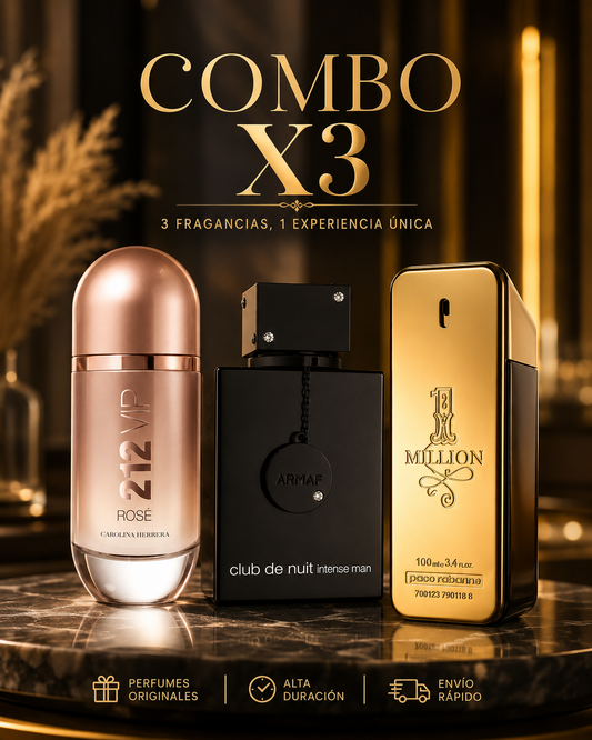 Kit x3 Perfumes + Perfumero Recargable (Club de Nuit · 212 VIP Rosé · One Million)