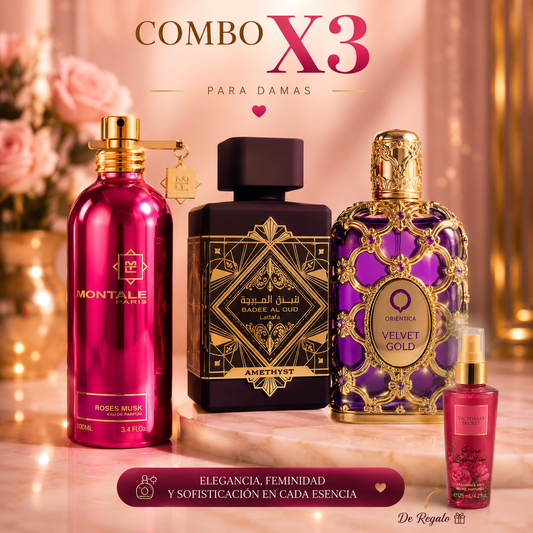 Kit x3 Perfumes Dama + Body Splash Victoria's Secret de Regalo (Amethyste · Velvet Gold · Roses Musk)
