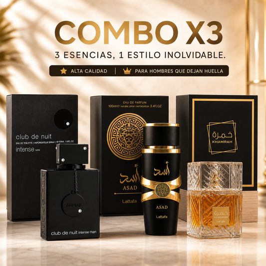 KIT DE 3 PERFUMES ÁRABES (ASAD + KHAMRAH + CLUB DE NUIT) + REGALO PERFUMERO