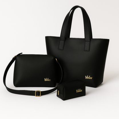 Trio Vélez | Bolso + Carriel + Cosmetiquera de Cuero Premium