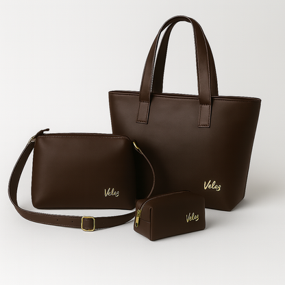 Trio Vélez | Bolso + Carriel + Cosmetiquera de Cuero Premium