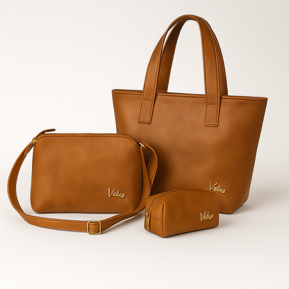 Trio Vélez | Bolso + Carriel + Cosmetiquera de Cuero Premium