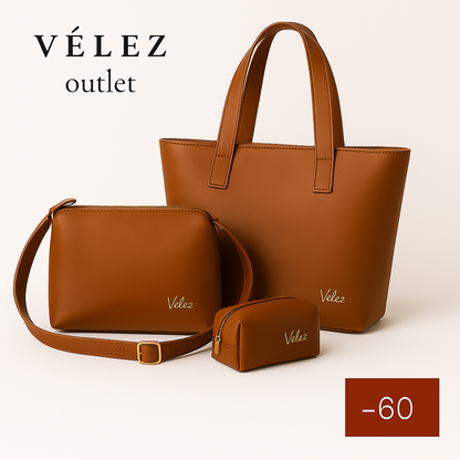Trio Vélez | Bolso + Carriel + Cosmetiquera de Cuero Premium