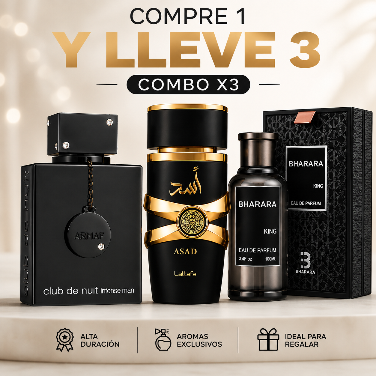 KIT DE 3 PERFUMES (BHARARA KING, ASAD, CLUB DE NUIT) + PERFUMERO