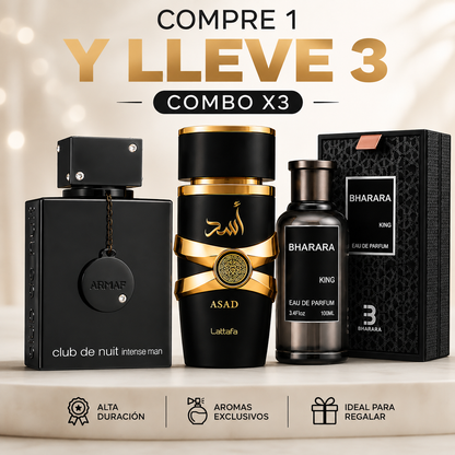 KIT DE 3 PERFUMES (BHARARA KING, ASAD, CLUB DE NUIT) + PERFUMERO