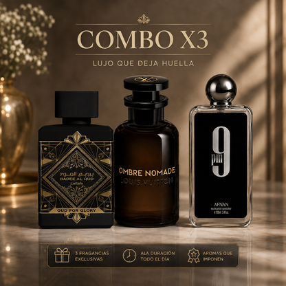 KIT DE 3 PERFUMES (OUD FOR GLORY, OMBRE NOMADE, 9PM) + PERFUMERO