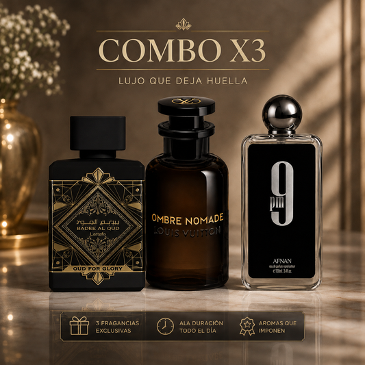 KIT DE 3 PERFUMES (OUD FOR GLORY, OMBRE NOMADE, 9PM) + PERFUMERO