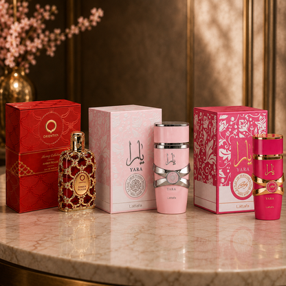 KIT DE 3 PERFUMES (YARA, YARA CANDY, AMBER ROUGE) + PERFUMERO
