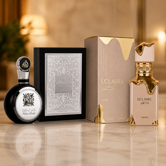 DUO LATTAFA FAHKAR BLACK + ECLAIRE | Con Perfumero Recargable