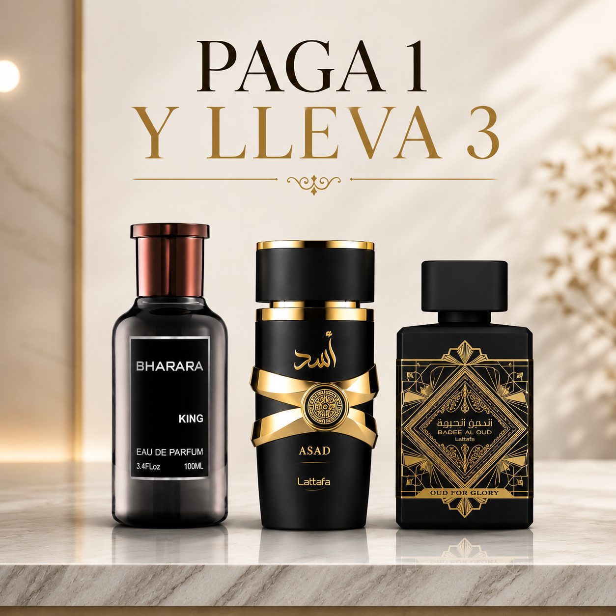 KIT DE 3 PERFUMES (BHARARA KING, ASAD, LATTAFA OUD FOR GLORY)