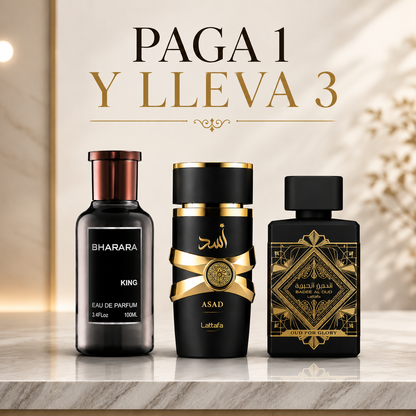 KIT DE 3 PERFUMES (BHARARA KING, ASAD, LATTAFA OUD FOR GLORY)