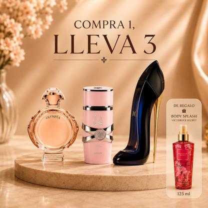 KIT 3 PERFUMES+ SPLASH VICTORIA SECRET (YARA+GOOD GIRL+OLYMPEA+ REGALO SPLASH VICTORIA SECRET 125ml)