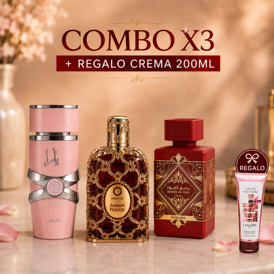 COMBO DAMA X3 | YARA + AMBER ROUGE + SUBLIME + PERFUMERO + CREMA