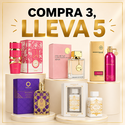 KIT DE 5 PERFUMES, DAMAS (YARA CANDY+CLUB THE NUIT WOMAN+ROSES MUSK+ORIENTICA VELVET GOLD+LATTAFFA HONOR GLORY)