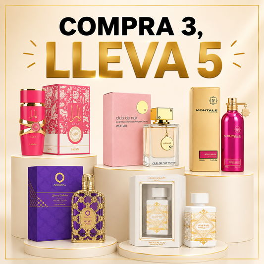 KIT DE 5 PERFUMES, DAMAS (YARA CANDY+CLUB THE NUIT WOMAN+ROSES MUSK+ORIENTICA VELVET GOLD+LATTAFFA HONOR GLORY)
