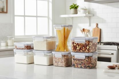 Kit de recipientes herméticos organizados en la cocina